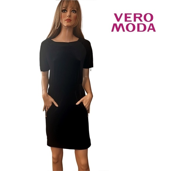 VERO MODA Katie Dress Plush Velvet Sheath Short Sleeve Zipper Pockets - Picture 3 of 16